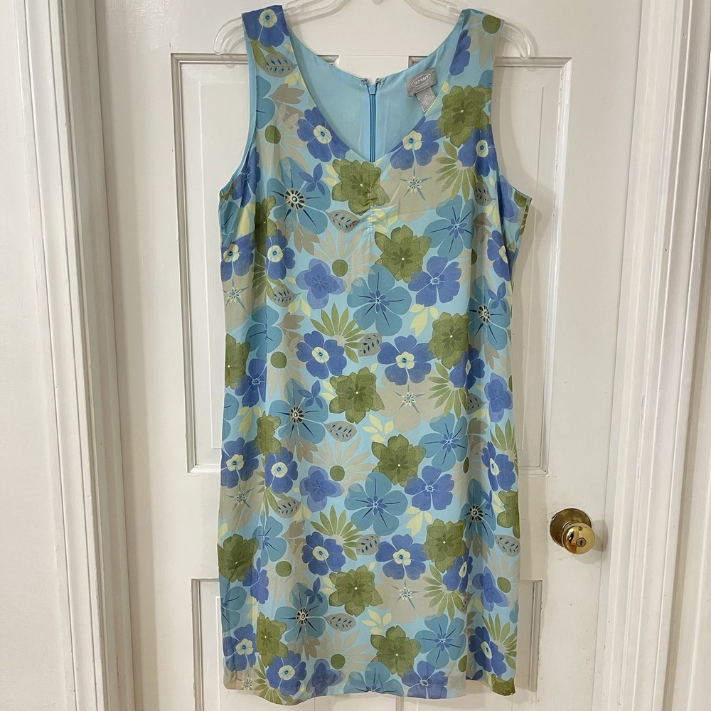 Vintage 90s Y2K Old Navy 14 Sheer Overlay Dress Blue Hibiscus Floral Ruched Bust